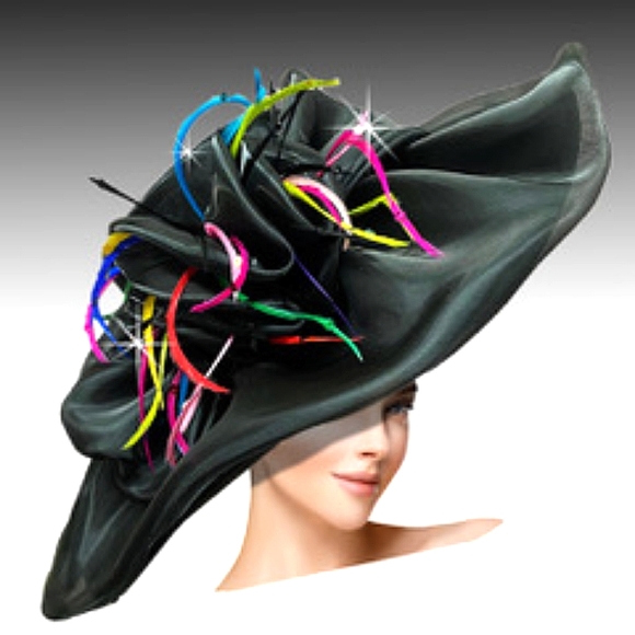 Billowing Black Wide Brim Feathered Hat Kentucky Derby Church Tea Equine Races - Picture 1 of 1